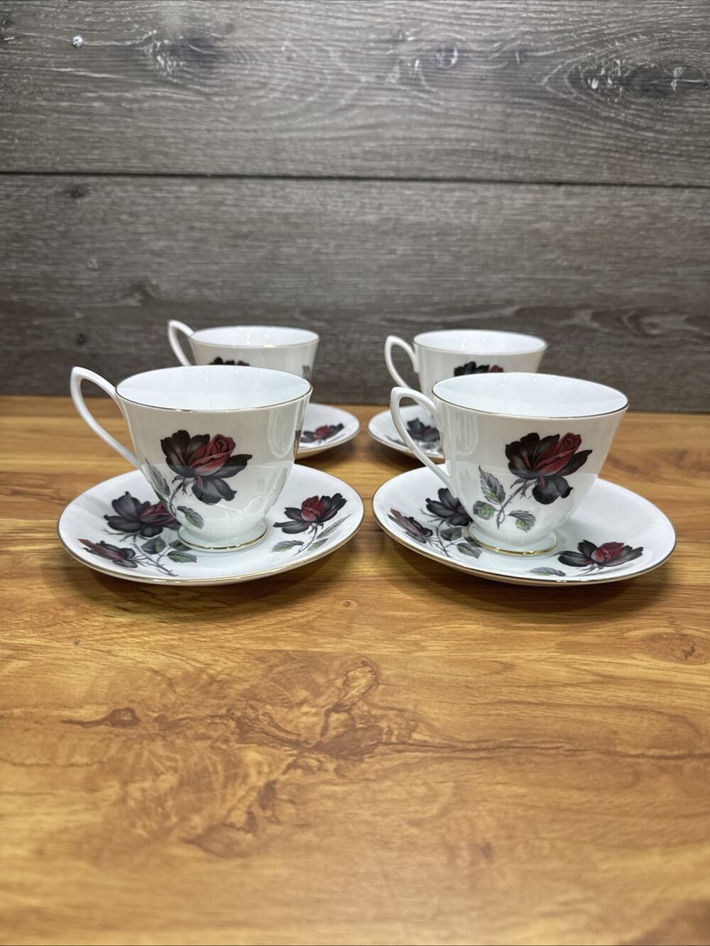 Royal Albert Masquerade Black Rose Footed Cup and Saucer England~set Of 4